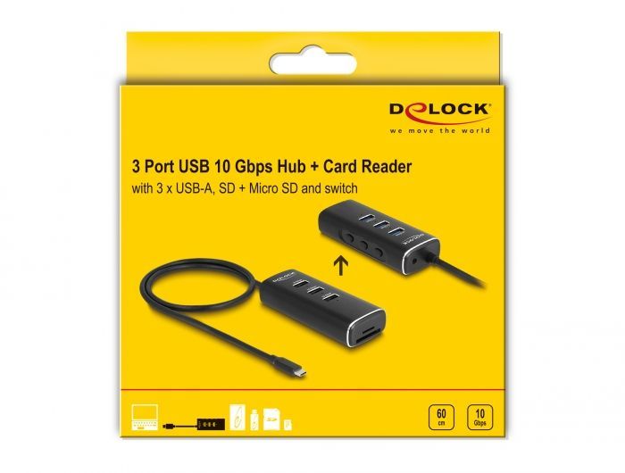 DeLock 3 Port USB 10 Gbps Hub including SD and Micro SD Card Reader with USB Type-C connector 60 cm Cable and Switch for each port Black