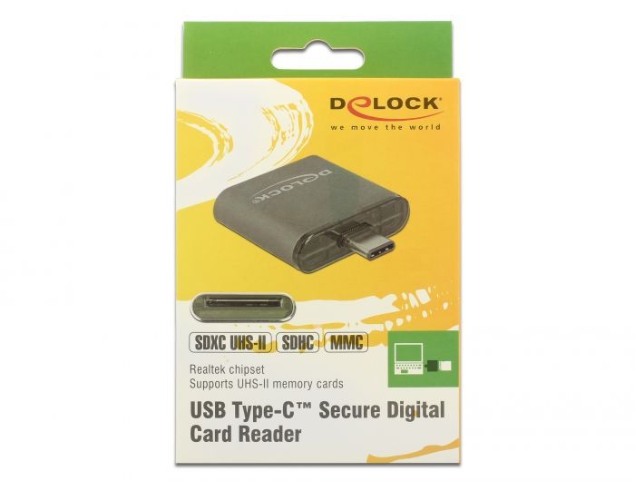 DeLock USB Type-C SDHC/SDXC UHS-II/MMC Single Slot Card Reader Black