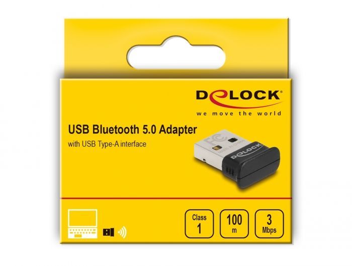 DeLock USB Bluetooth 5.0 Adapter Class 1 in micro design Operating range up to 100 meter Black