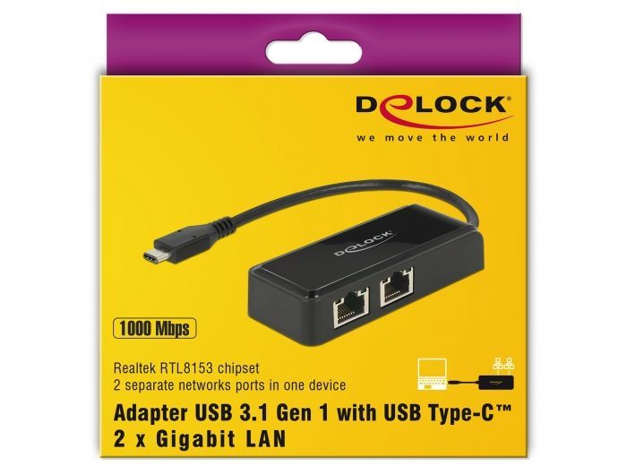 DeLock Adapter SuperSpeed USB (USB 3.1 Gen 1) with USB Type-C male > 2x Gigabit LAN 10/100/1000 Mbps