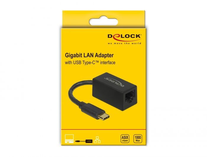 DeLock SuperSpeed USB (USB 3.2 Gen 1) with USB Type-C male > Gigabit LAN 10/100/1000 Mbps compact Adatper Black