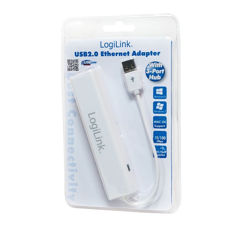 Logilink UA0174A USB 2.0 to Fast Ethernet Adapter with 3-Port USB Hub White