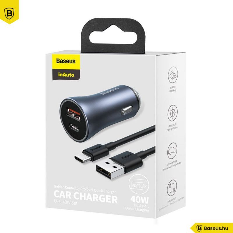 Baseus Golden Contactor Pro Car Charger USB + USB-C, QC4.0 +PD SCP 40W Grey + USB-USB-C Cable 1m Black