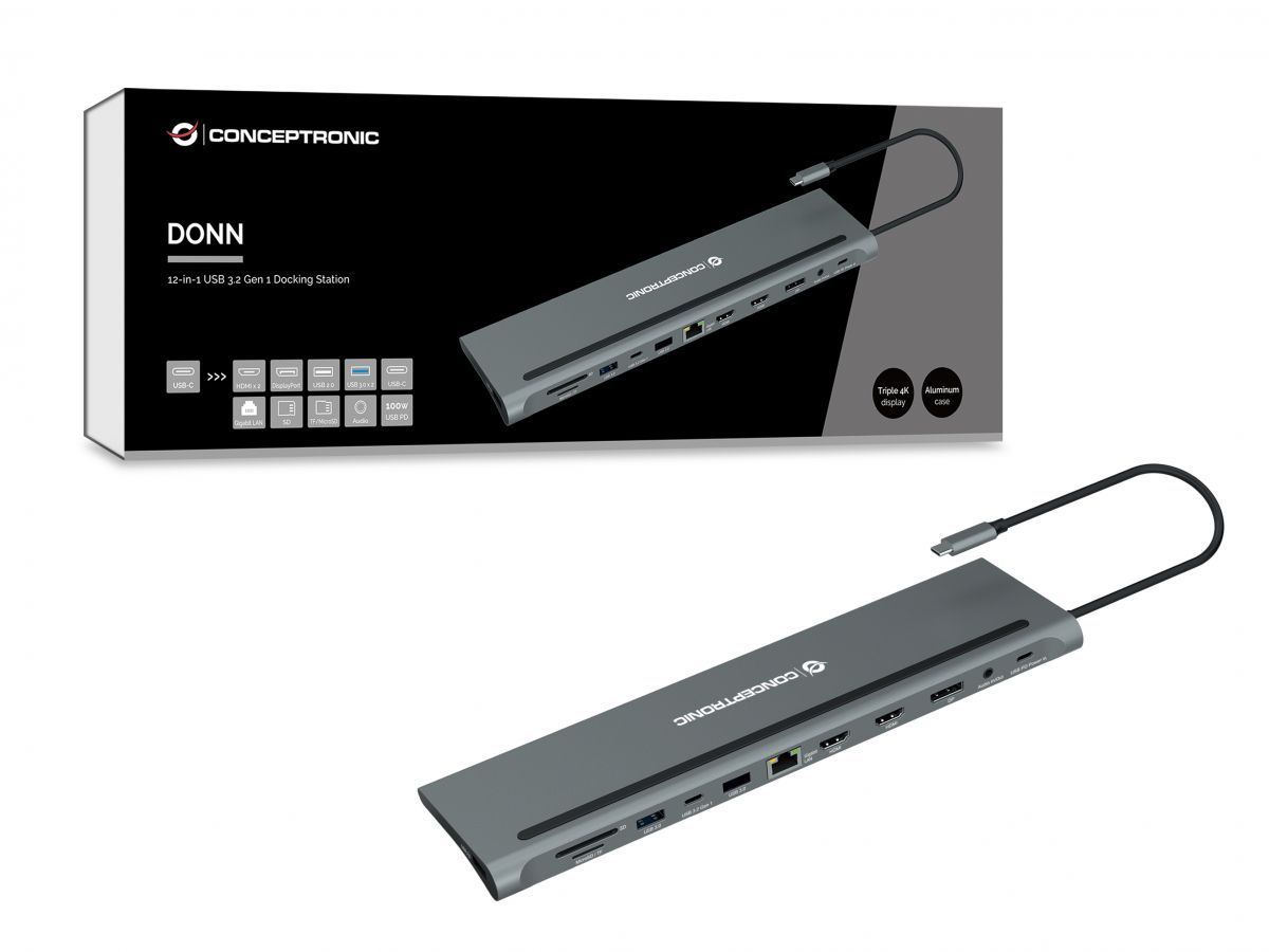 Conceptronic DONN17G 12-in-1 USB 3.2 Gen 1 Docking Station Grey