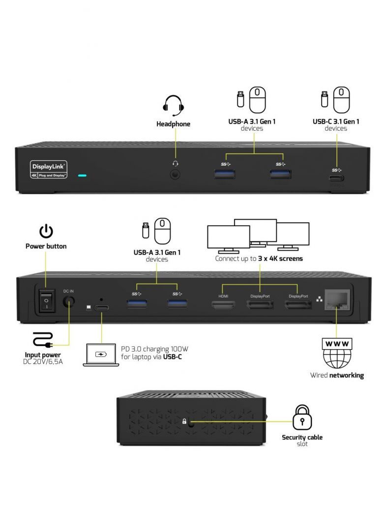 Port Designs Docking Station triple 4K screens for USB-C / USB-A devices Black