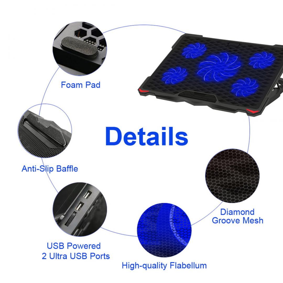 Platinet PLCP5FB Laptop Cooler Pad 5 Fans Blue LED Black