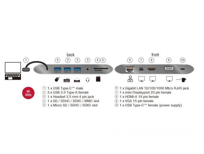 DeLock USB Type-C 3.1 Docking Station 4K 30 Hz