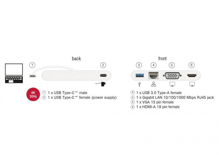 DeLock USB Type-C 3.1 Docking Station HDMI 4K 30 Hz + VGA + LAN + USB PD