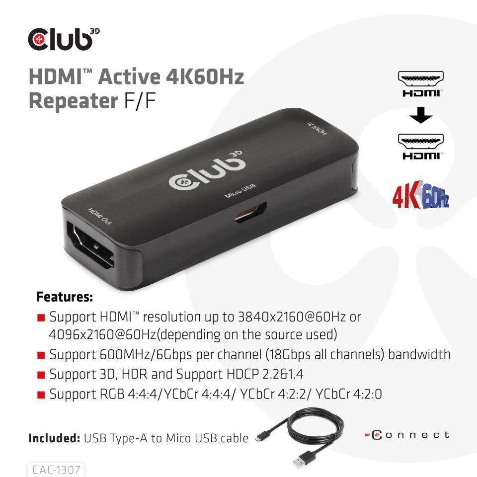 Club3D HDMI Active 4K60Hz Repeater F/F Black