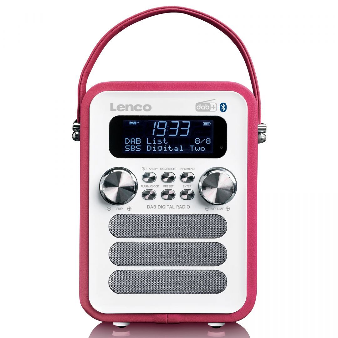 Lenco PDR-051PKWH portable DAB+ FM radio with Bluetooth and aux-input rechargeable battery Pink/White