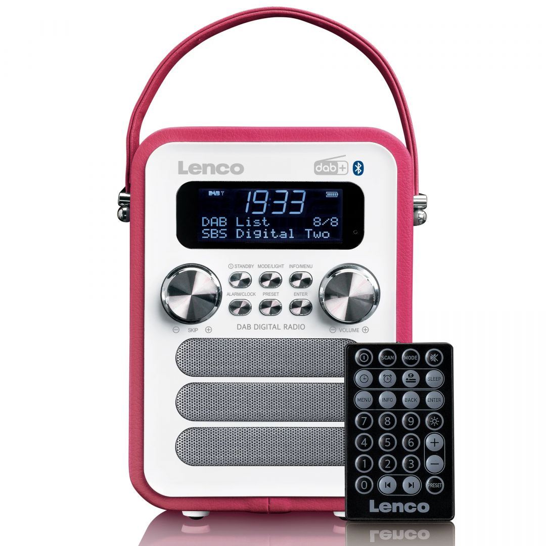 Lenco PDR-051PKWH portable DAB+ FM radio with Bluetooth and aux-input rechargeable battery Pink/White