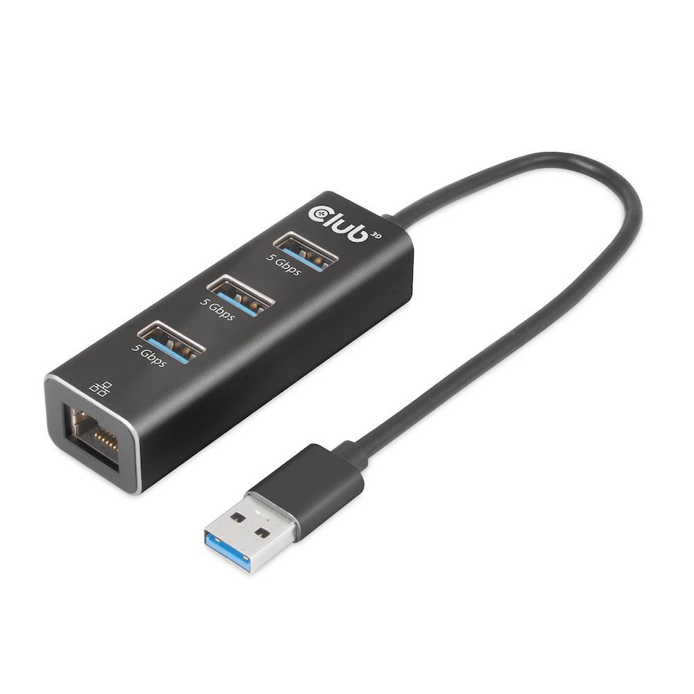 Club3D USB 3.2 Gen1 Type-A 3 Ports Hub with Gigabit Ethernet Black