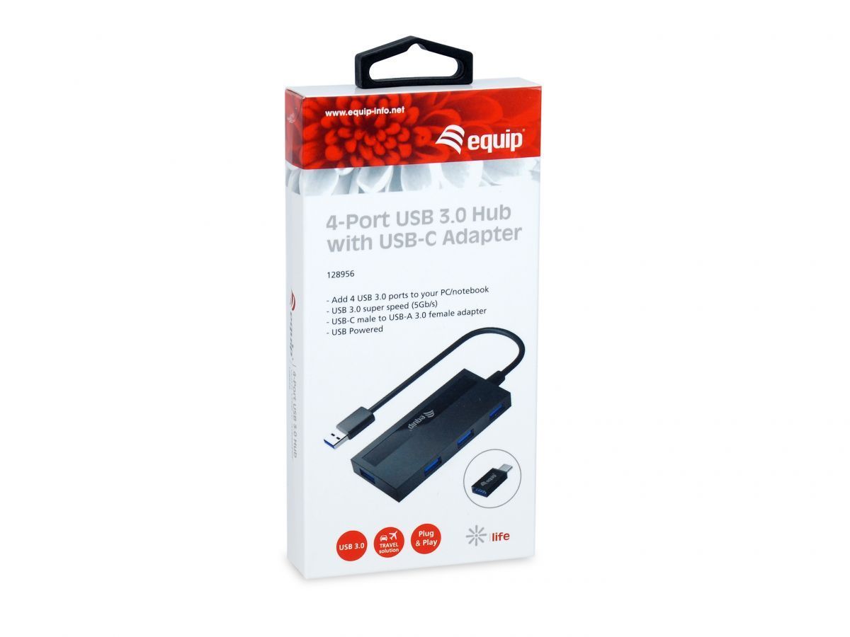 EQuip 4-Port USB 3.2 Gen 1 Hub with USB-C Adapter Black