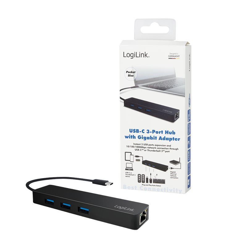 Logilink UA0313 USB-C 3-port hub, with gigabit adapter Black