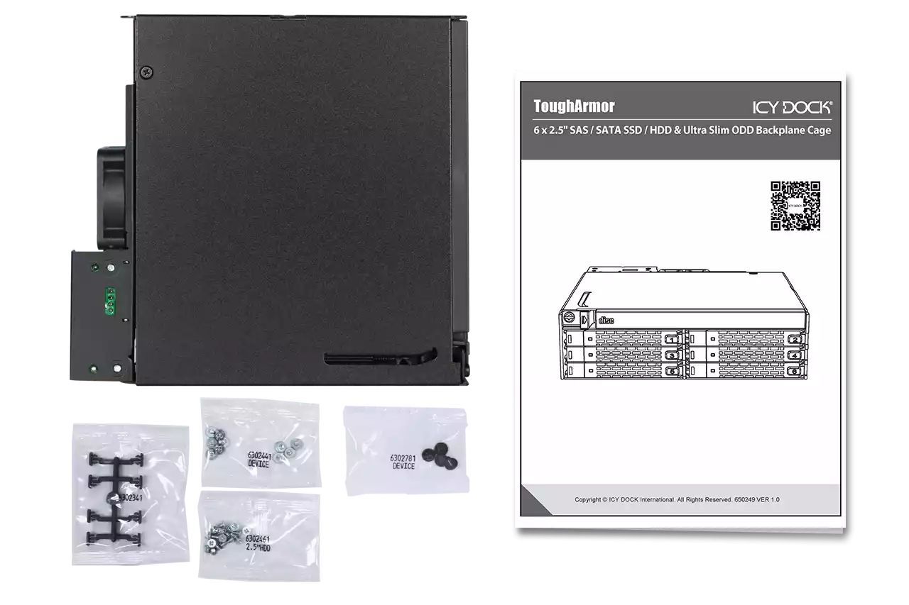 IcyDock ToughArmor MB606SPO-B 6 x 2.5" SAS/SATA SSD/HDD & Ultra Slim ODD Backplane Cage for External 5.25" Bay