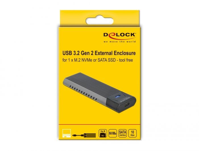 DeLock External USB Type-C Combo Enclosure for M.2 NVMe PCIe or SATA SSD tool free