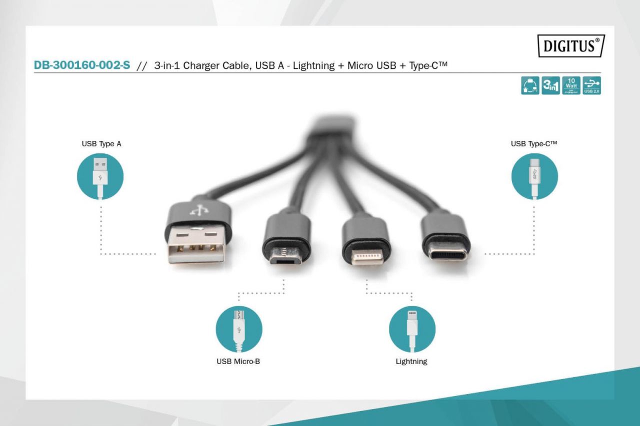 Digitus 3-in1 Charger male/male cable 0,15m Black