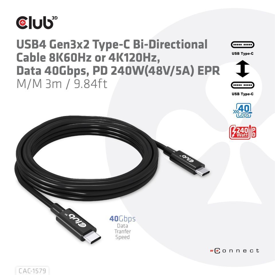 Club3D USB4 Gen3x2 Type-C Bi-Directional Cable 8K60Hz or 4K120Hz, Data 40Gbps, PD 240W(48V/5A) EPR M/M Cable 3m Black
