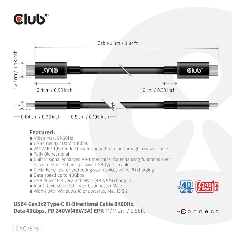 Club3D USB4 Gen3x2 Type-C Bi-Directional Cable 8K60Hz or 4K120Hz, Data 40Gbps, PD 240W(48V/5A) EPR M/M Cable 3m Black