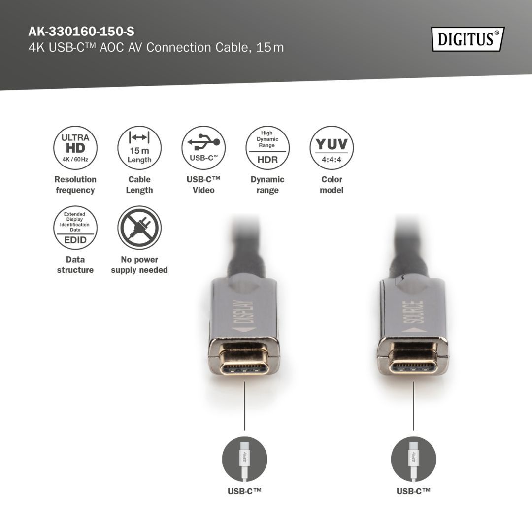 Digitus USB Type-C 4K male/male cable 15m Black