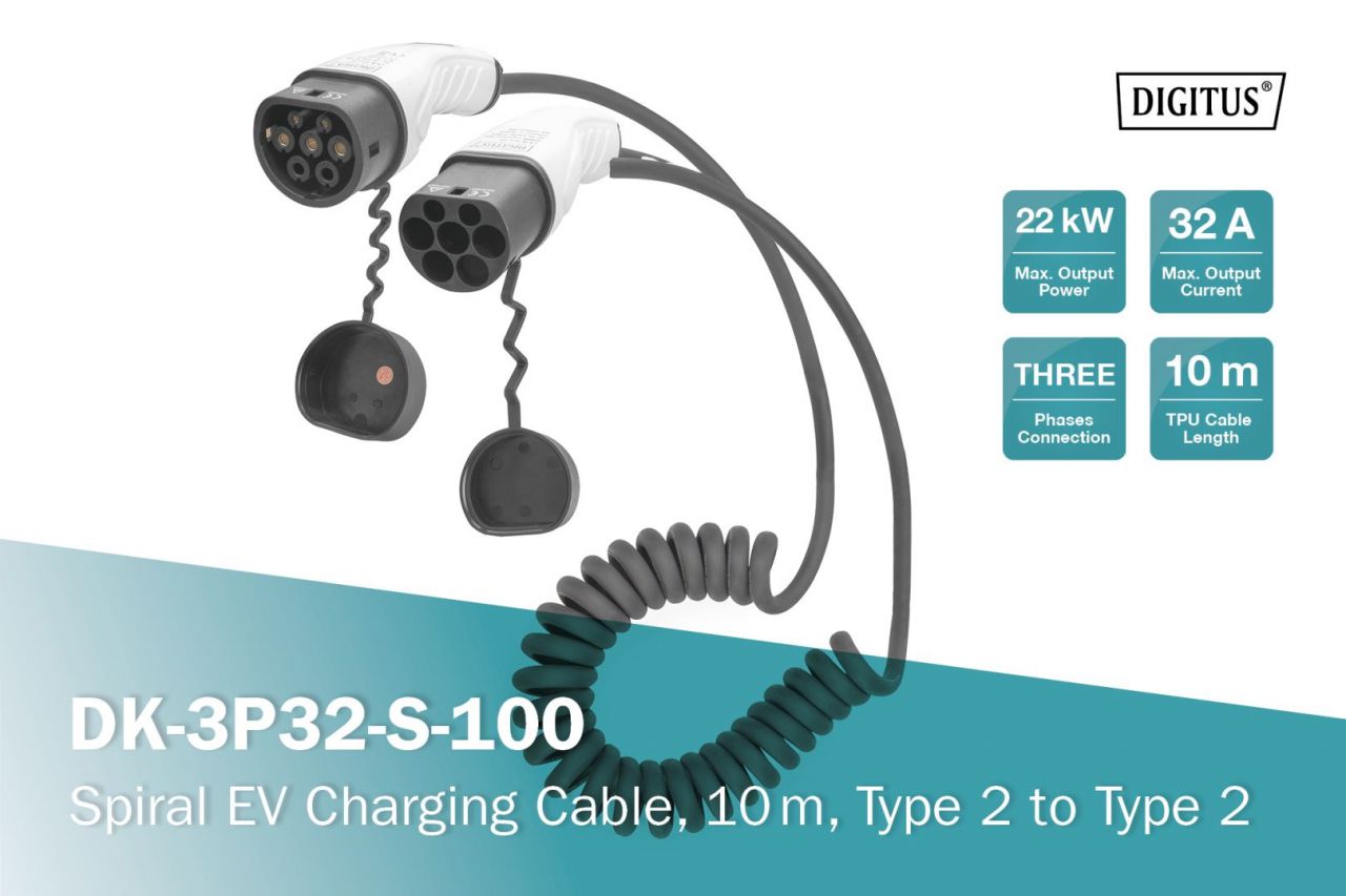 Digitus Spiral EV charging cable Type 2 to Type 2 32A 10m Black