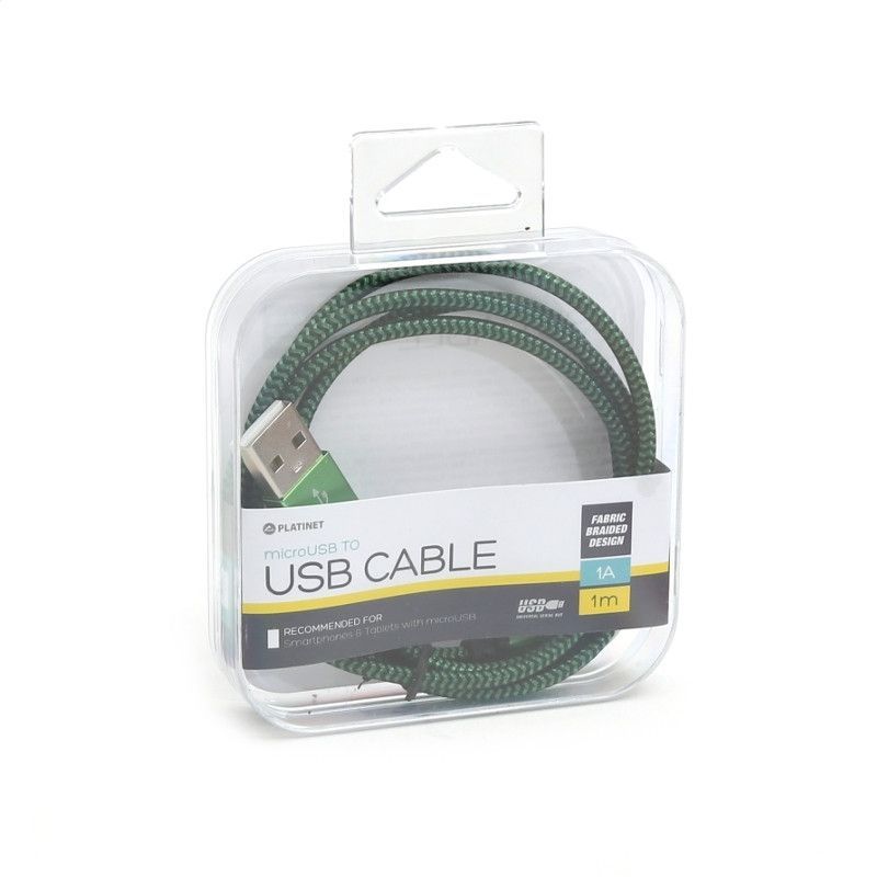 Platinet micro USB to USB fabric braided cable 1m Green