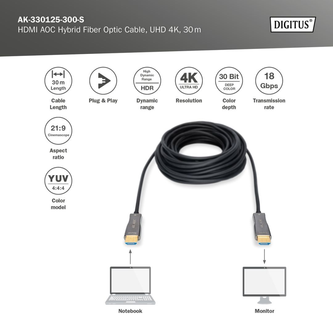 Digitus HDMI AOC Hybrid Fiber Optic Cable UHD 4K 30m Black
