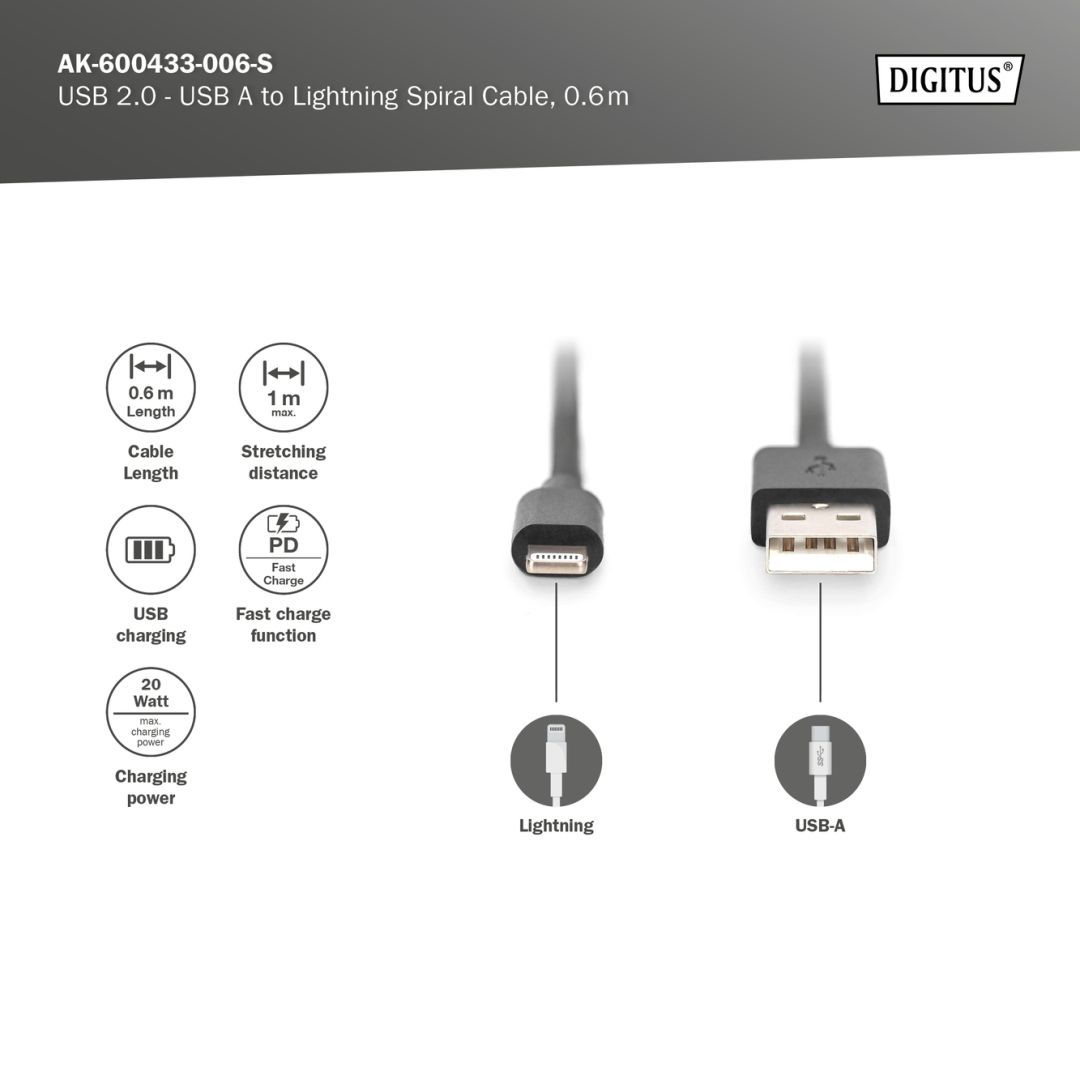 Digitus USB 2.0 USB A to Lightning Spiral Cable 1m Black