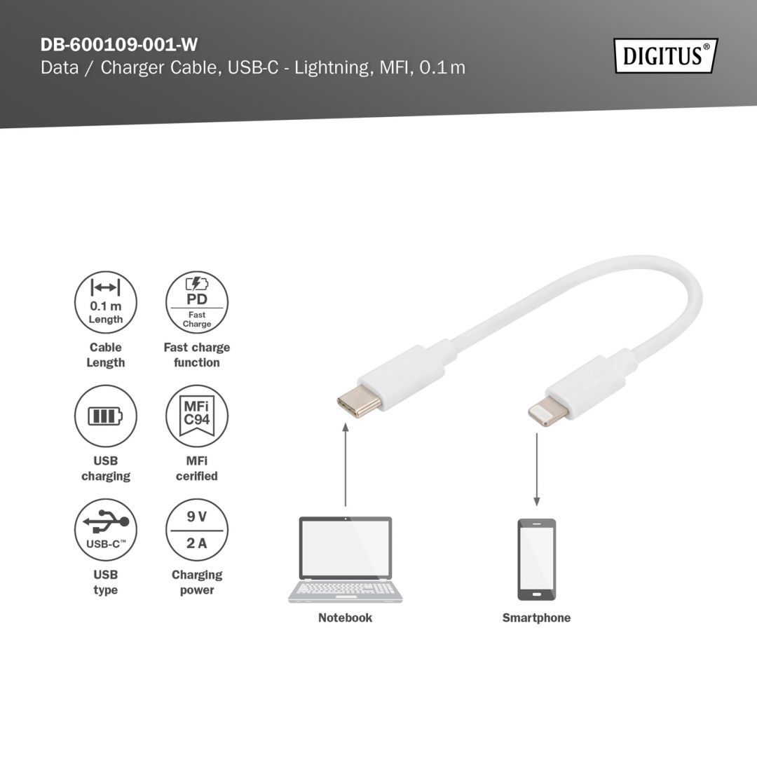 Digitus Lightning to USB-C data/charging cable MFI-certified 0,1m White