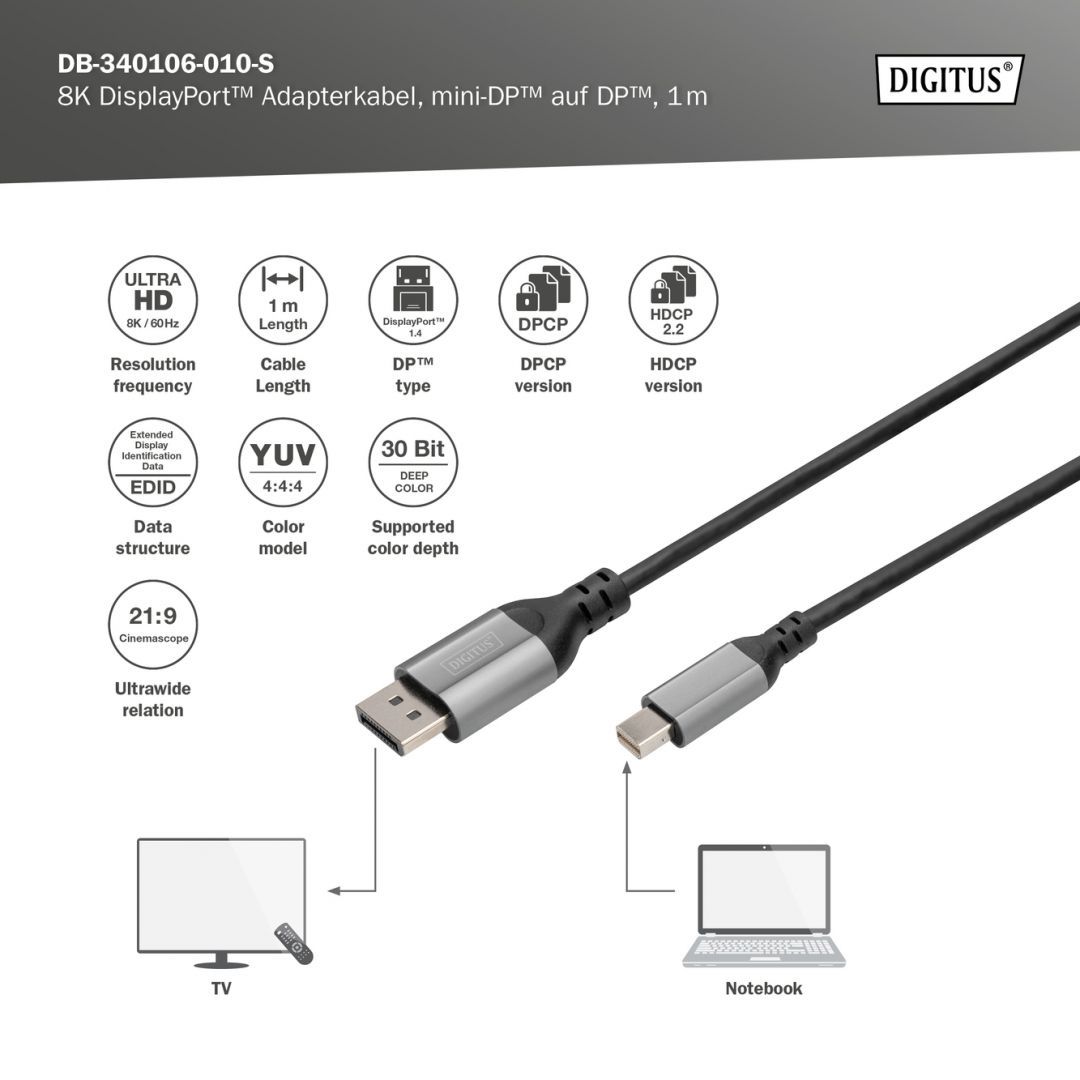 Digitus 8K DisplayPort Adapter Cable, Mini DP to DP 1m Black