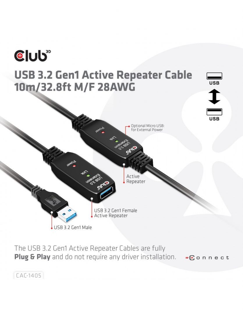 Club3D USB 3.2 Gen1 Active Repeater Cable 10m Black