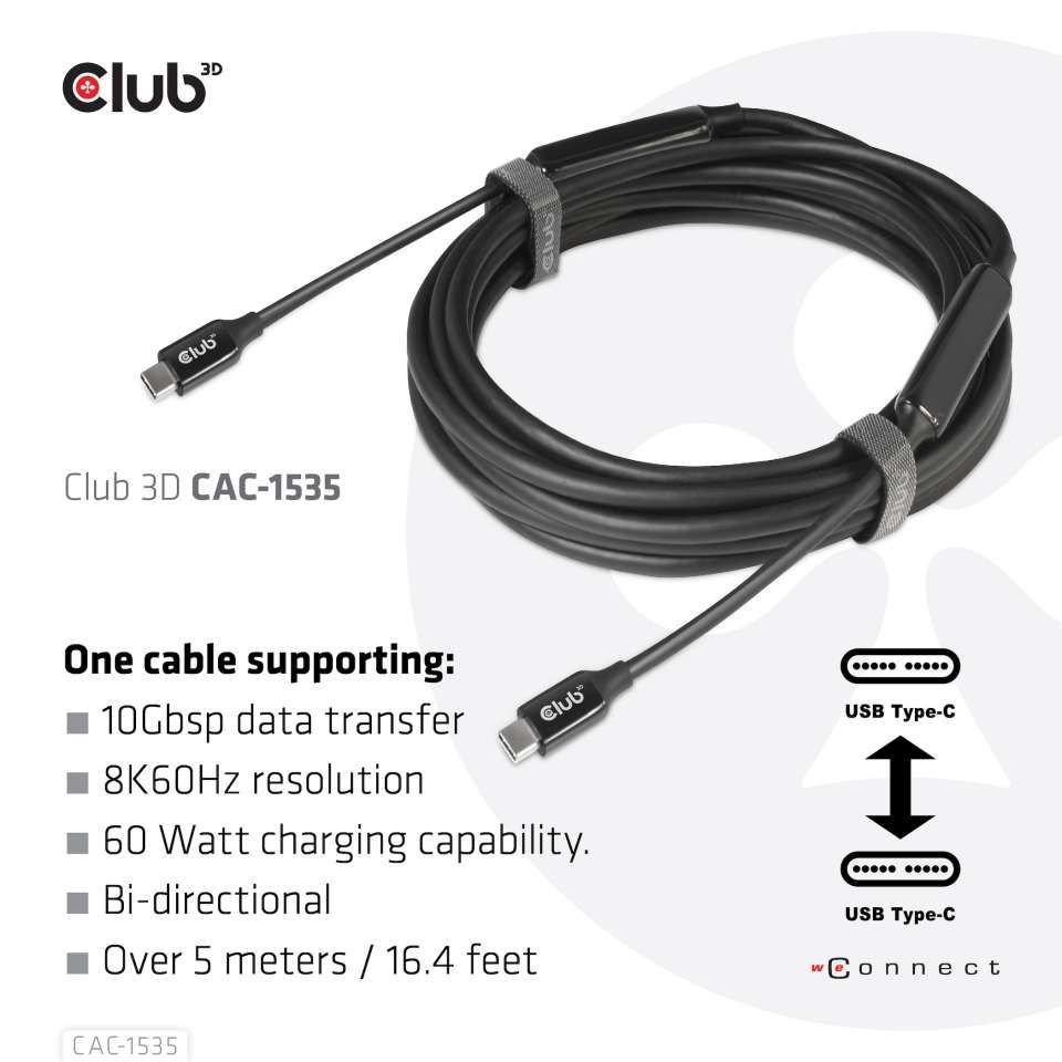 Club3D USB3.2 Gen2 Type-C to C Active Bi-directional Cable 8K60Hz M/M 5m Black