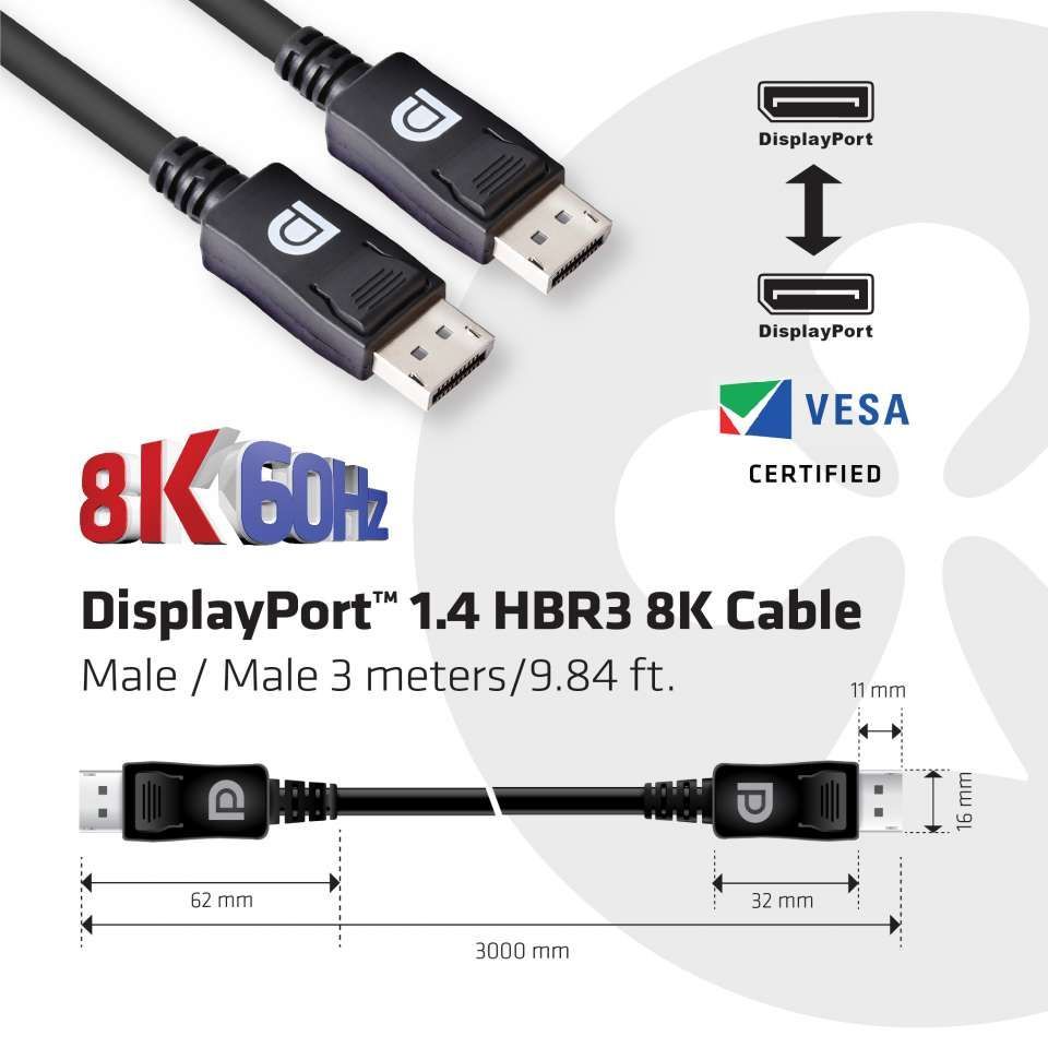 Club3D DisplayPort 1.4 HBR3 8K60Hz 28AWG kábel M/M 3m