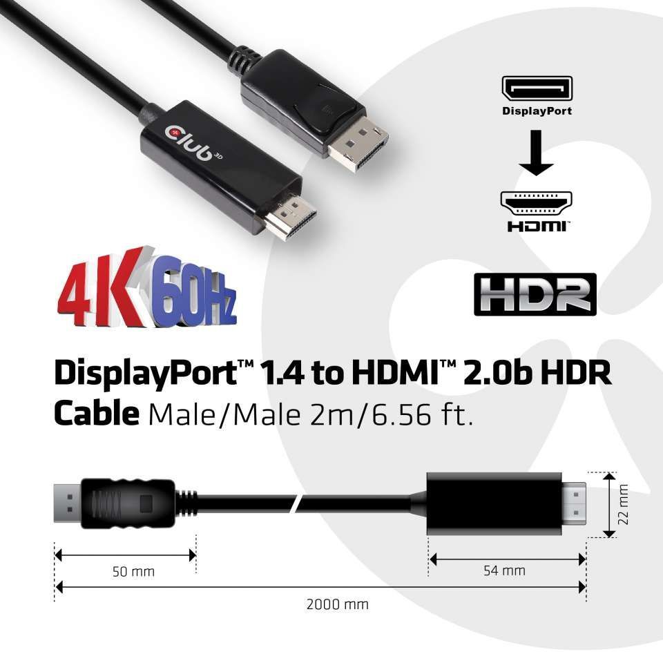 Club3D DisplayPort 1.4 to HDMI 2.0b HRD Active cable 2m Black