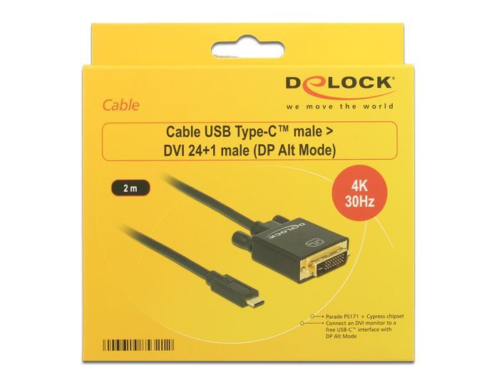 DeLock USB Type-C male > DVI-D (24+1 Single Link) male (DP Alt Mode) 4K 30 Hz 2m Black