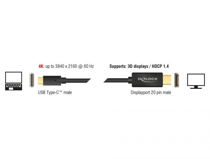 DeLock USB Type-C male - DisplayPort male (DP Alt Mode) 4K 60Hz cable 3m Black