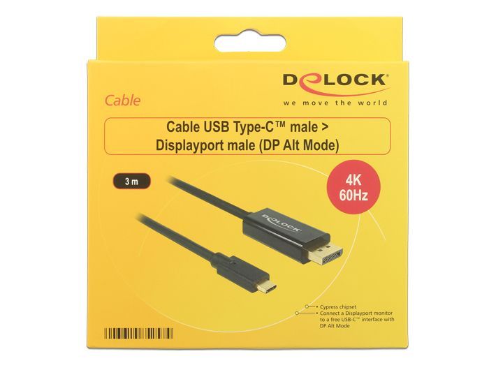 DeLock USB Type-C male - DisplayPort male (DP Alt Mode) 4K 60Hz cable 3m Black