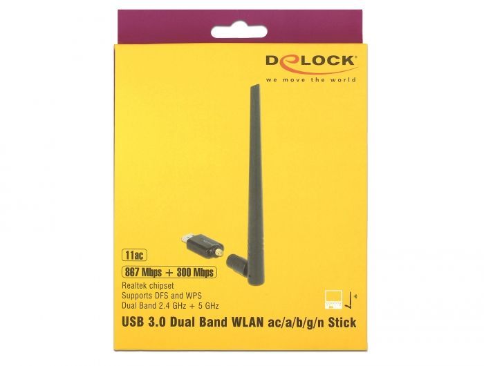DeLock USB 3.0 Dual Band WLAN ac/a/b/g/n Stick 867 + 300 Mbps with external antenna