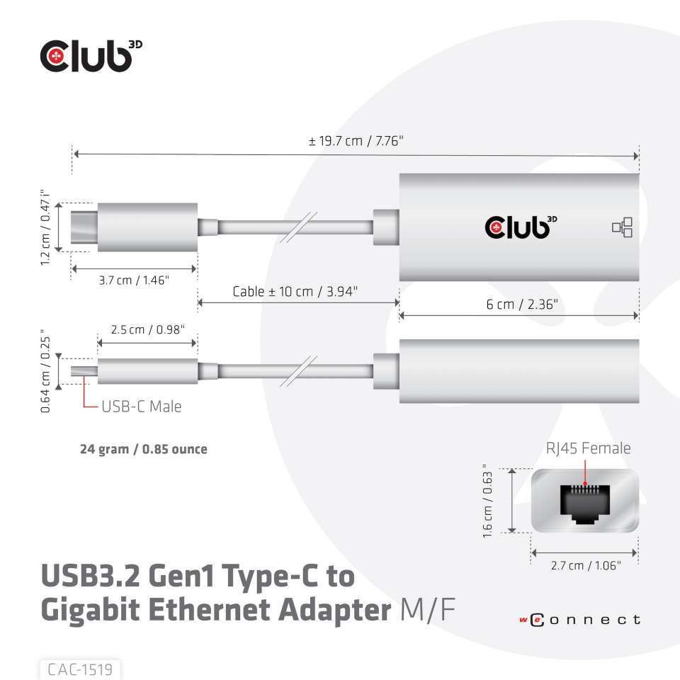 Club3D USB3.2 Gen1 Type-C to Gigabit Ethernet Adapter White