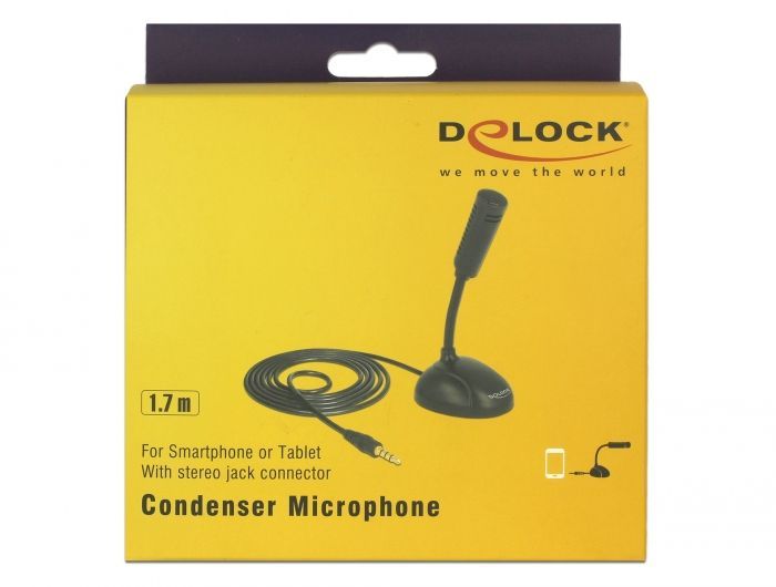 DeLock Condenser Microphone Omni-Directional for Smartphone / Tablet with gooseneck 3.5 mm 4 pin stereo jack male + 3.5 mm stereo jack female