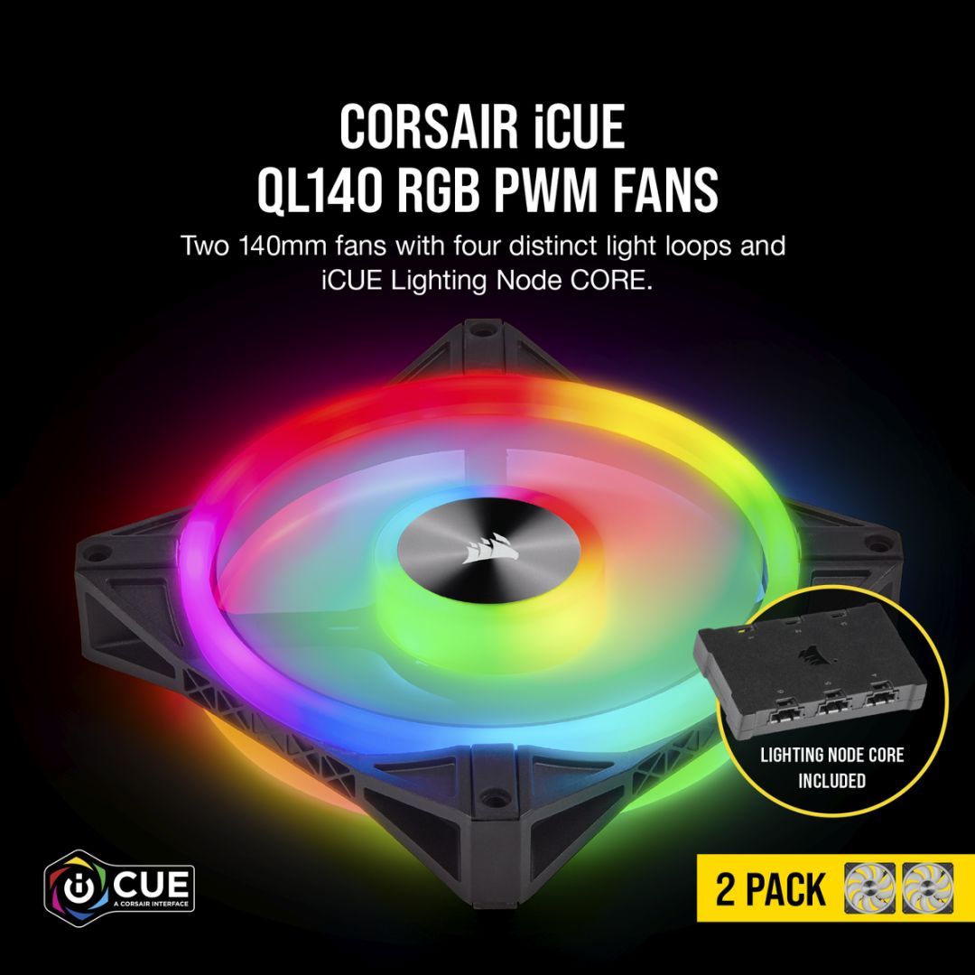 Corsair iCUE QL140 RGB PWM Dual Fan Kit with Lighting Node CORE
