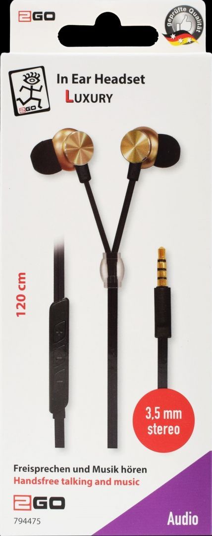 2GO Luxury Zipper-Style In-Ear Stereo Headset Black/Gold