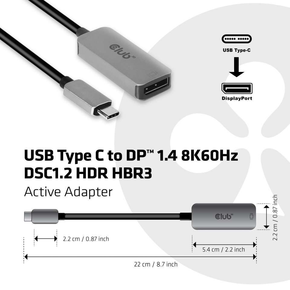 Club3D USB Type C to DisplayPort adapter cable Grey