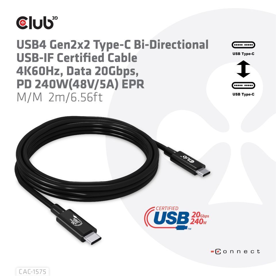 Club3D USB4 Gen2x2 Type-C Bi-Directional USB-IF Certified 4K60Hz Data 20Gbps PD 240W(48V/5A) EPR M/M Cable 2m Black