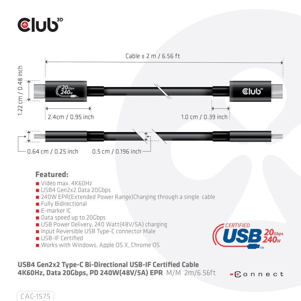 Club3D USB4 Gen2x2 Type-C Bi-Directional USB-IF Certified 4K60Hz Data 20Gbps PD 240W(48V/5A) EPR M/M Cable 2m Black