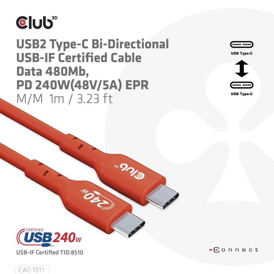 Club3D USB2 Type-C cable 1m Red