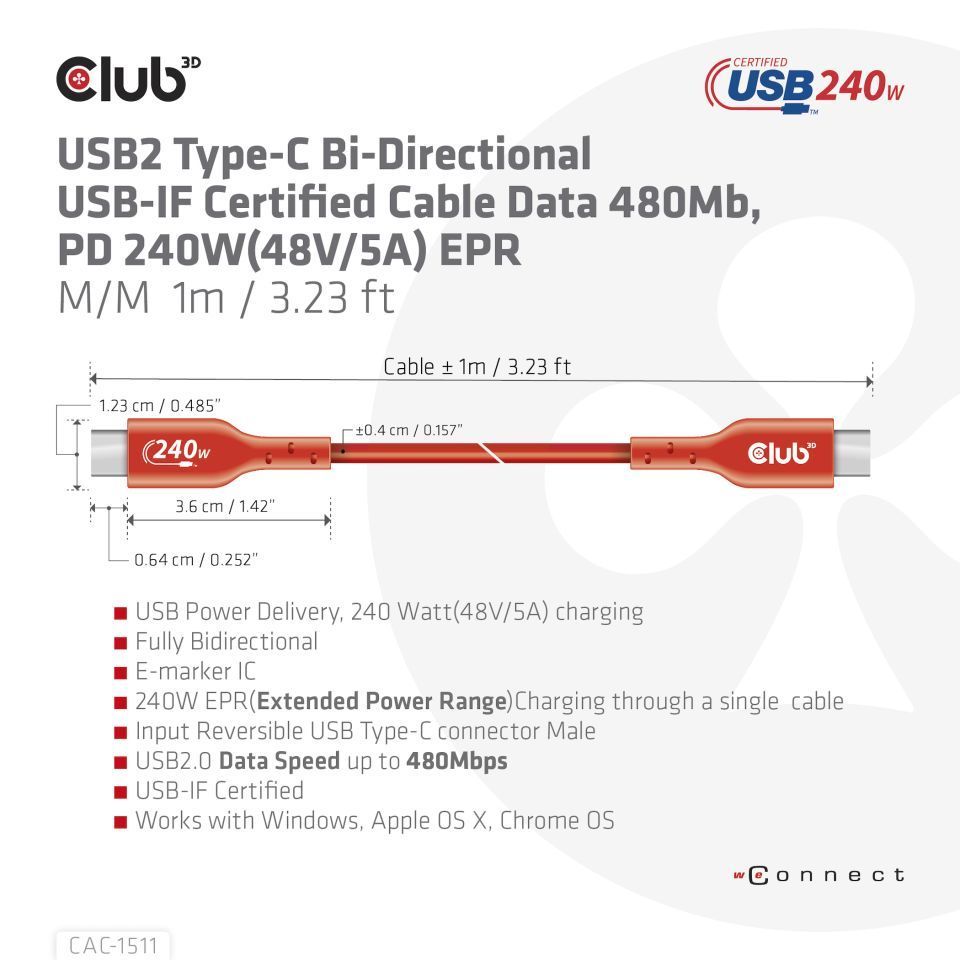 Club3D USB2 Type-C cable 1m Red