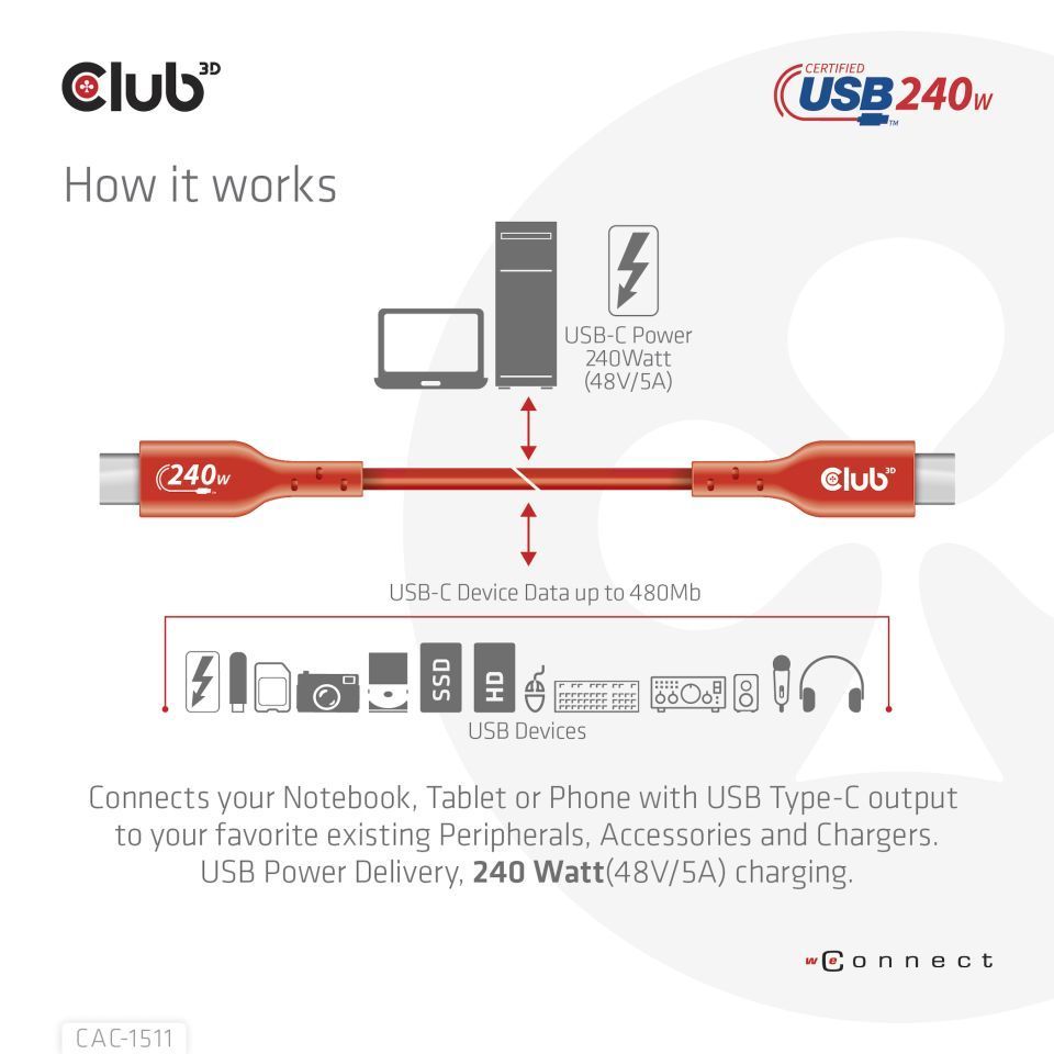 Club3D USB2 Type-C cable 1m Red