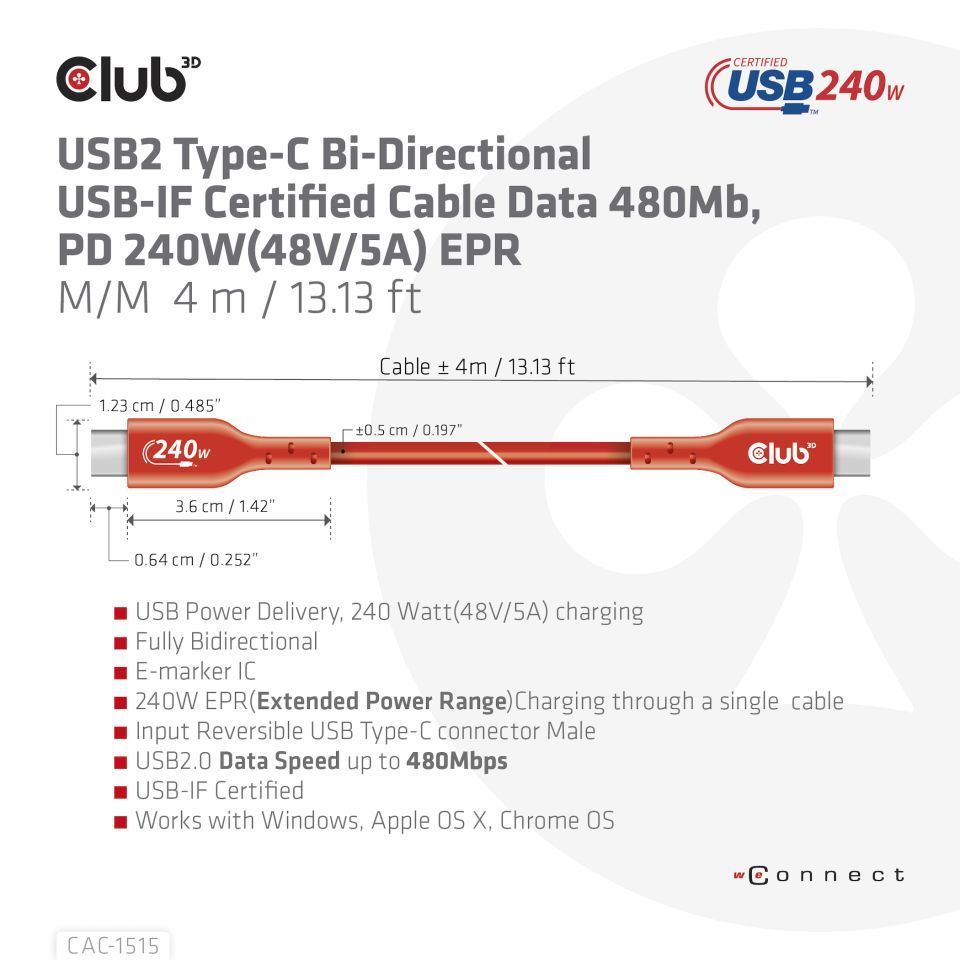 Club3D USB2 Type-C cable 4m Red