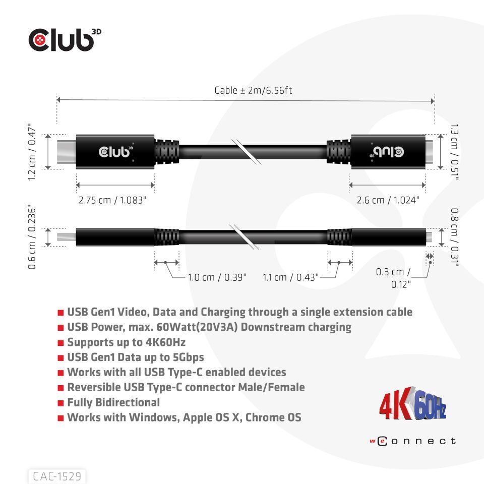 Club3D USB Gen1 Type-C Extension cable 2m Black